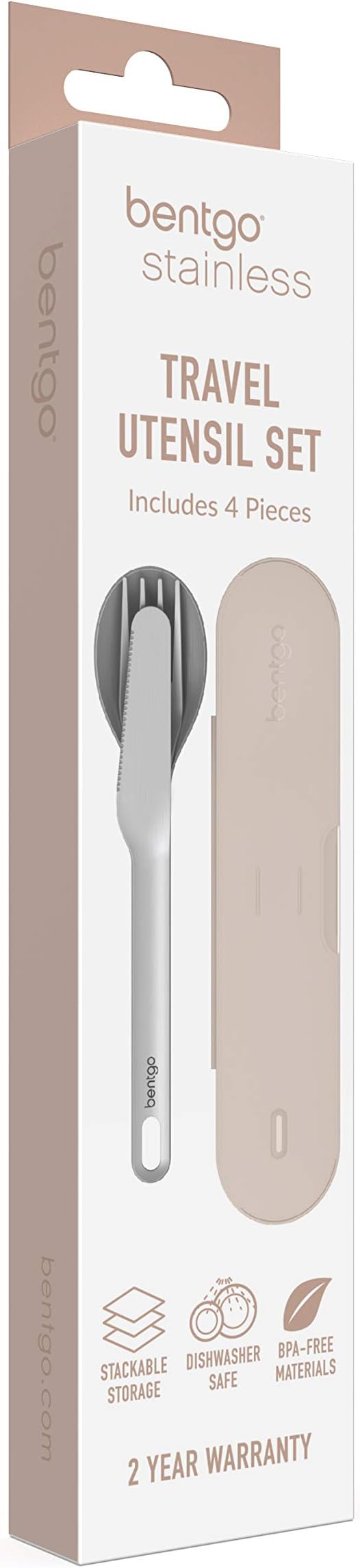 Bentgo Stainless Travel Utensil Set - Reusable 3-Piece Silverware Set with Carrying Case, High-Grade Premium Steel, BPA-Free Case, Eco-Friendly - Ideal for Travel, Camping, and Office Use (Sand)