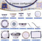 Ceramic Tableware Set with 55 Pieces/Bowl/Soup Pot/Spoon | Bone China Tableware, Blues Garden Pattern Porcelain Combination Set