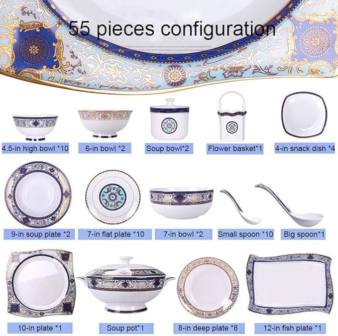 Ceramic Tableware Set with 55 Pieces/Bowl/Soup Pot/Spoon | Bone China Tableware, Blues Garden Pattern Porcelain Combination Set