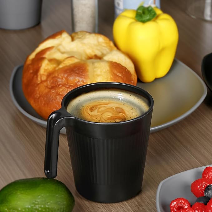 Ribbed Drinking Glasses Coffee Mugs Set of 8, Plastic Coffee Cups 16.9 OZ Unbreakable Tumblers with Handle, Reusable Drinking Cups for Camping/Dorm/RV