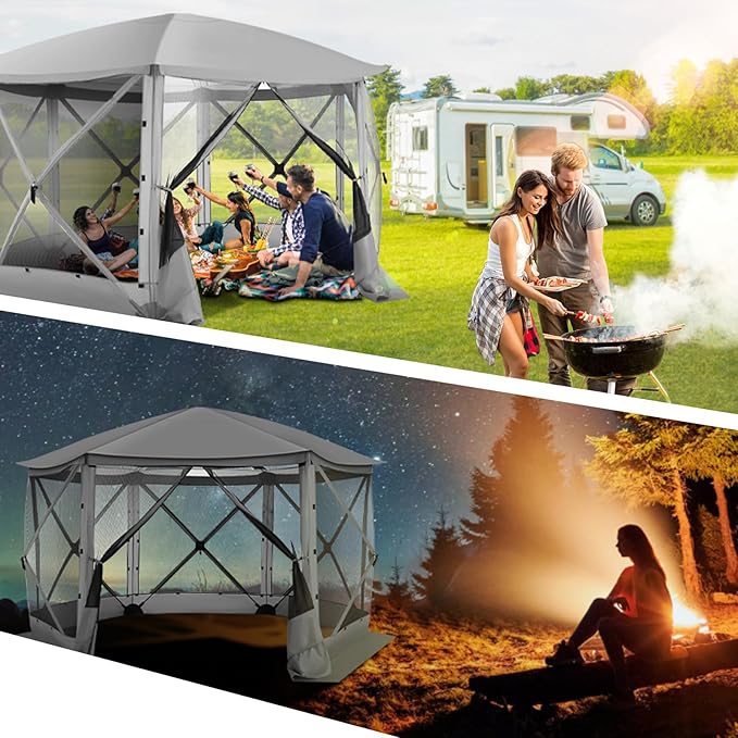 COBIZI Pop Up Gazebo Screen Tent Screen House for Camping, 12x12 Screen Room with Mosquito Netting, Hub Tent Instant Screened Canopy with Carrying Bag and Ground Stakes, Gray