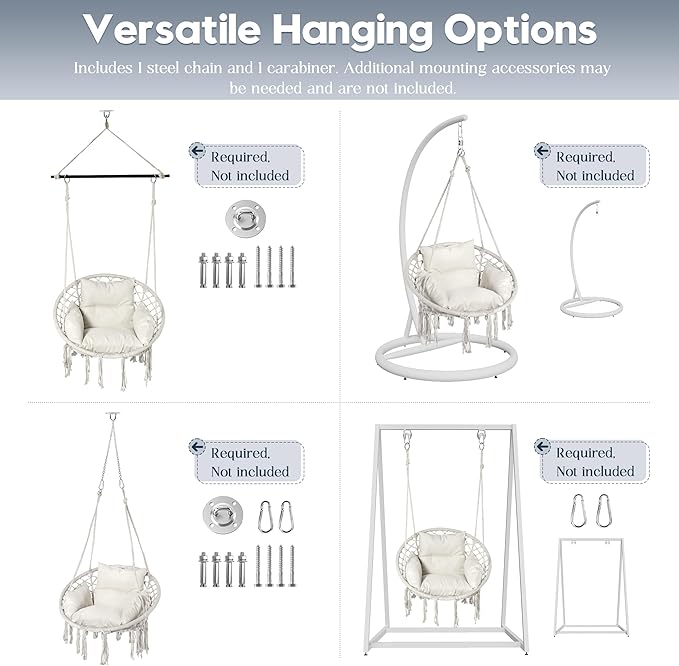 Hammock Hanging Rope Swing Chair with Cushion - Max 330 Lbs, Sturdy Hammock Swinging Chair for Bedroom, Porch, Balcony -White (Cream)