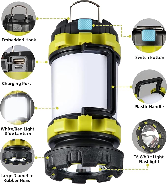 2 Pack Camping Lantern, Outdoor LED Camping Light, Rechargeable Flashlights with 1000LM, 6 Modes, IPX5 Waterproof Portable Emergency Camp Light for Hurricane Survival - Green