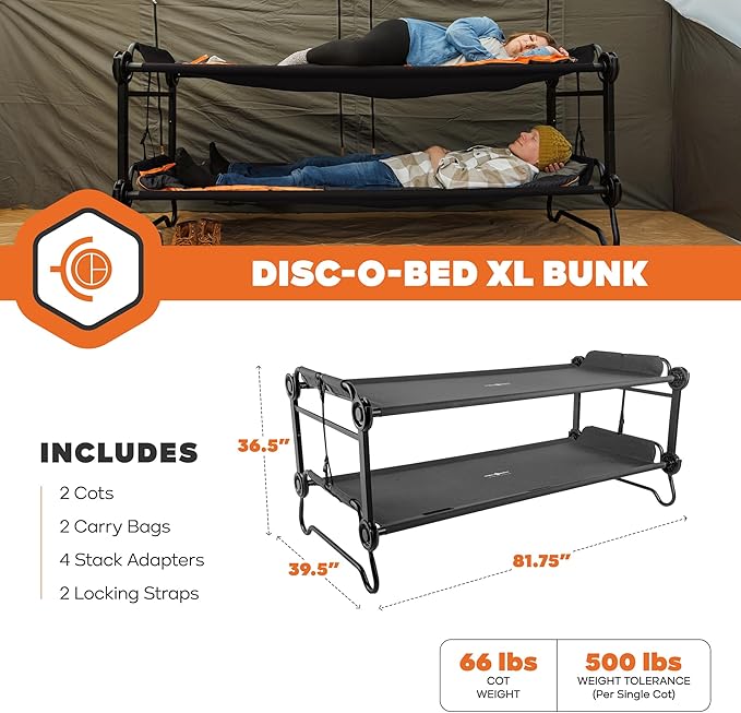 Disc-O-Bed Extra Large Portable Bunk Camping Cots with Carry Bags - Heavy-Duty Indoor or Outdoor Sleeping System, Converts to Bench or Separate Beds, 500 lb Weight Capacity Per Cot, Black