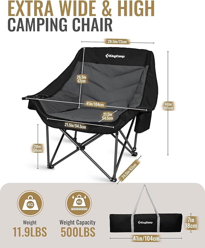 KingCamp Oversized XL Camping Chair, Heavy Duty 500lbs Folding Couch for Adults, Padded Large Comfortable Sofa Seat with Cooler Bag Cup Holder for Outdoor Sports Fishing Patio Lawn