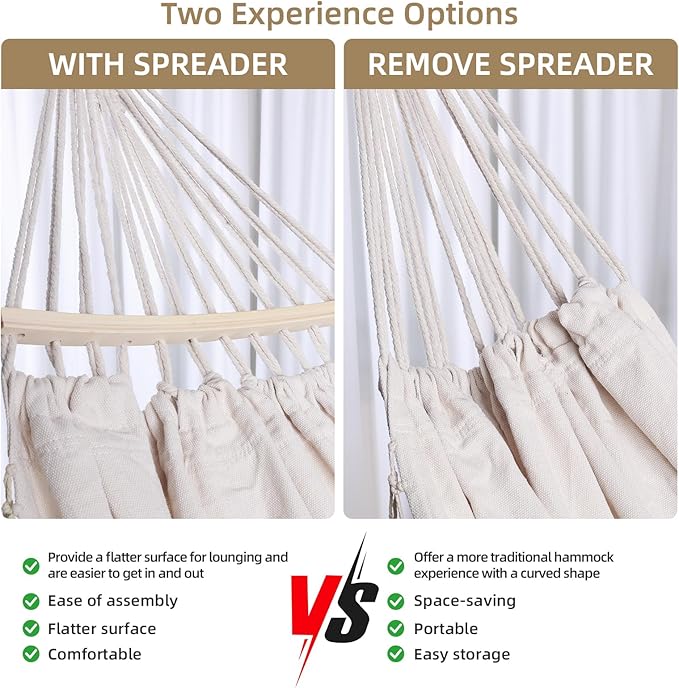 Portable Hammock, Hanging Hammock with Tassels and Fishtail Knitting, 320GSM Hanging Bed with Set Full Accessories for Outdoor Camping Patio Balcony Beige