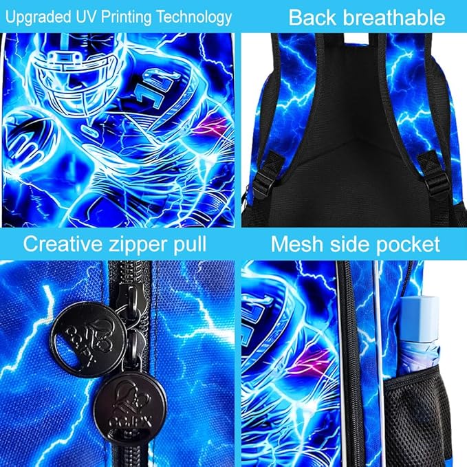 17" Football Backpack for Boy, 3Pcs Lightning Bookbag for Elementary Preschool Kindergarten, Kids School Backpacks with Lunch Box (Blue)