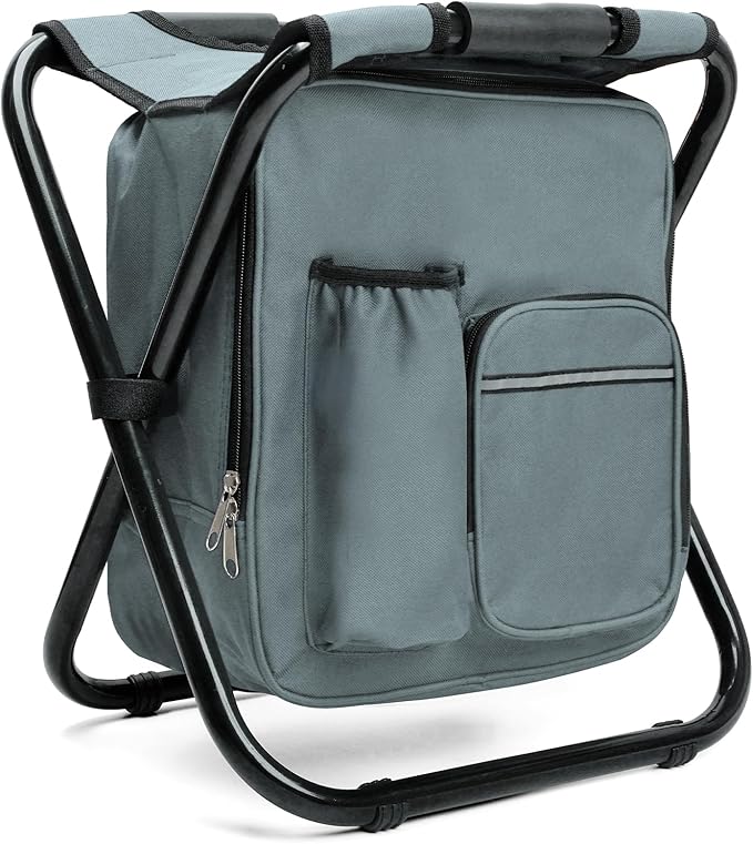 Portable Backpack Stool Cooler Chair for Adults, Folding Large 3 in 1 Multifunction Insulated Camping Seat Backpack Cooler Chair Heavy Duty 350lbs for Fishing Hunting, Gray
