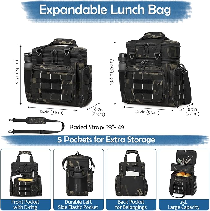 Tactical Lunch Box Cooler Bag for Men, 25L Large Expandable Insulated Lunch Bag for Men, Soft Double Deck Lunch Pail for Work, Camping, Picnic, Hiking, Beach, Outdoor & Travel, Dark CM