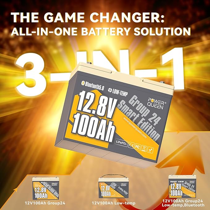 Power Queen Bluetooth 12V 100Ah LiFePO4 Battery with 14.6V10A LiFePO4 Battery Charger, Group 24 Deep Cycle Battery, 100A BMS with Low-Temp Cut-Off Protection for RV, Trolling Motors, Solar System
