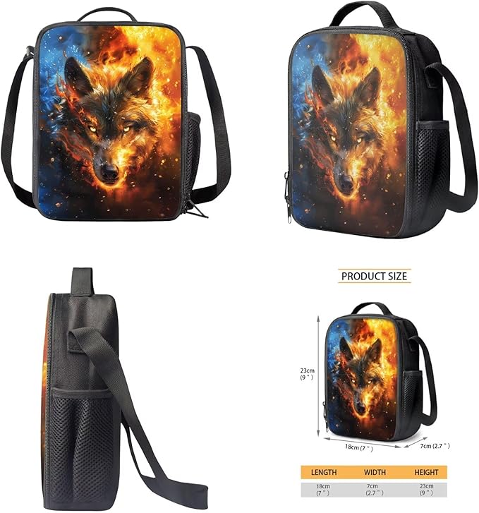 Wolf Backpack with Lunchbox Cool Kids Backpack Lightweight Trendy Kids Bookbag and Lunch Box Set Boys 4 Pcs School Bag for Boys 7-8 Daypack Travel Camping Outdoor Hiking