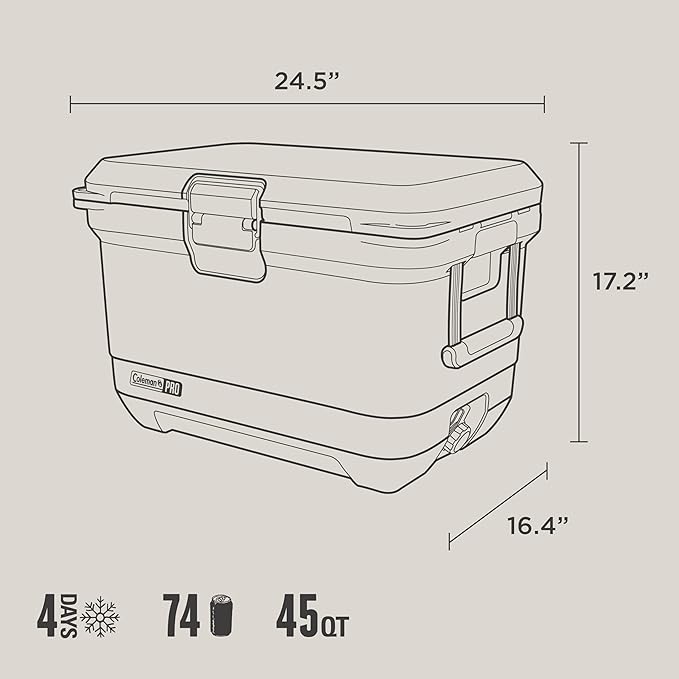 Coleman Pro Heavy-Duty 45qt Ultra-Light Premium Hard Cooler, Extra-Thick Insulation Keeps Ice up to 4 Days, 74-Can Capacity
