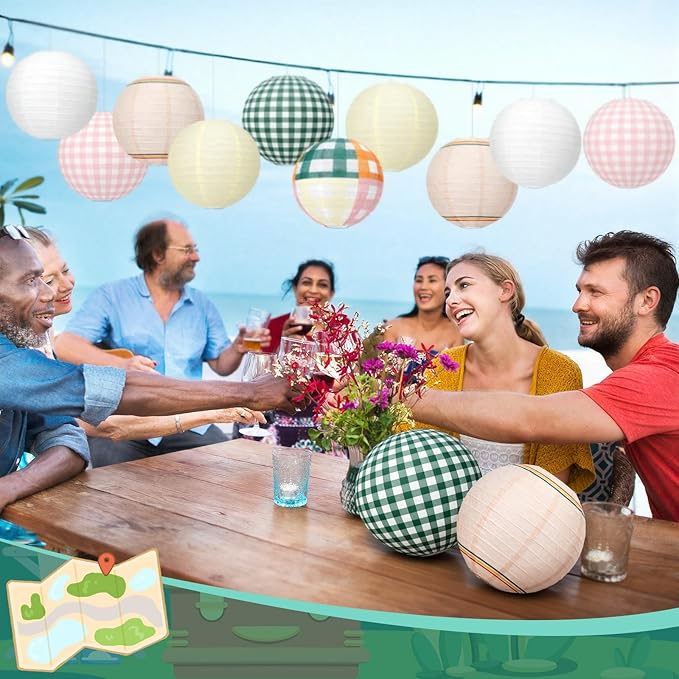 12 Pcs Camp Gingham Paper Lantern Cute Camping Bachelorette Decorations Kit Pink Green Gingham Camp Bride Supplies for Spa Wedding Bridal Engagement Baby Shower Party Decorations, 8inch