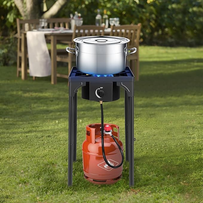 Outvita 1 Burner Propane Gas Stove for Outdoor Cooking, 75,000 BTU Camping Cooker with Removable Legs, Temperature Control Knobs for Backyard Cooking, BBQ, Baking and Frying(Single Burner)
