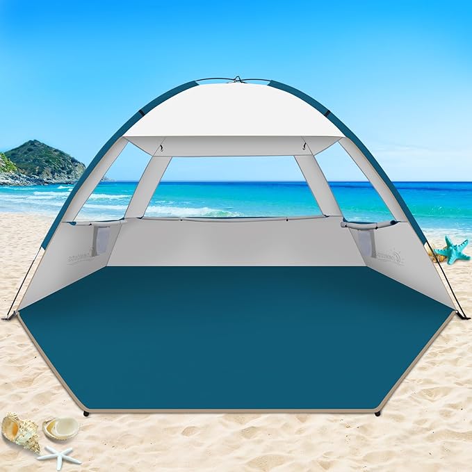 COMMOUDS Beach Tent Sun Shade for 3/4/6/8 Person, UPF 50+ Beach Sun Shelter Canopy Tent, Lightweight, Easy Set Up and Carry