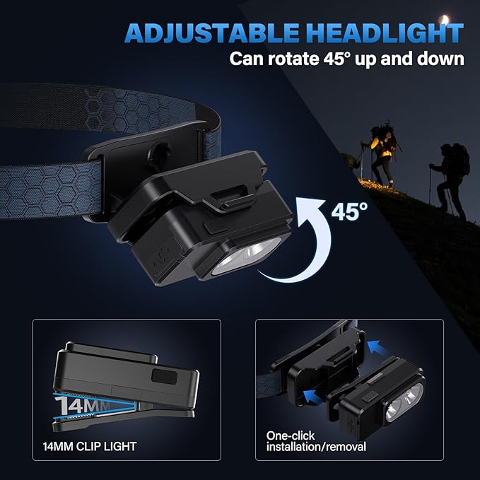 Headlamp Rechargeable 2PCS, Super Bright Motion Sensor Head Lamp with 8 Modes, Head Lights for Forehead with Clip & Magnetic, IPX7 Waterproof Led Headlamp for Camping, Hunting, Hard Hat