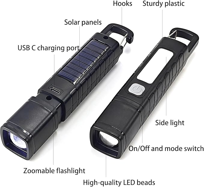 4 Pack Solar Flashlight, Rechargeable Zoomable LED Flashlight, High Lumens Solar Powered Flashlights with Tail Hook Rechargeable Handheld Flashlights for Home Emergency Camping Hiking