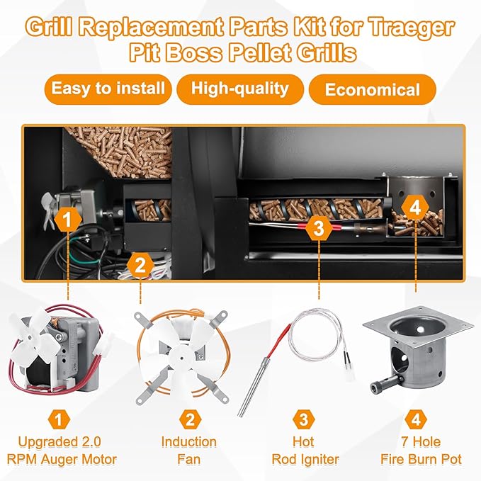 Upgrade Grills Replacement Parts Kit for Pit Boss, Traeger Wood Pellet Grills, Include 2.0 RPM Auger Motor, Hot Rod Ignitor, Fire Burn Pot, Induction Fan, Fit for Camp Chef, Z Grills Pellet Grill