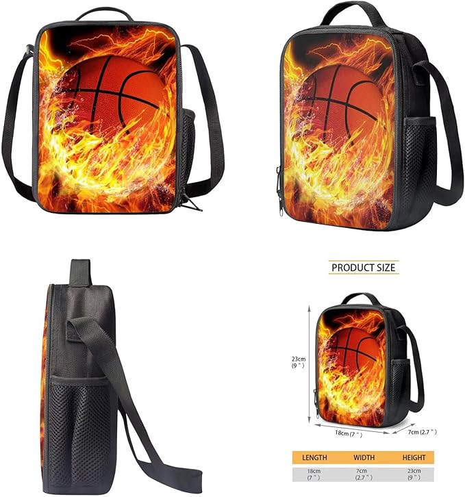 Basketball Backpack with Lunchbox Fire Bookbag Cute Lightweight Kids Bookbag with Lunch Box Boys 4pcs School Bag for Boys 8-12 Travel Outdoor Daypack Hiking Back to School Gifts