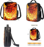 Basketball Backpack with Lunchbox Fire Bookbag Cute Lightweight Kids Bookbag with Lunch Box Boys 4pcs School Bag for Boys 8-12 Travel Outdoor Daypack Hiking Back to School Gifts