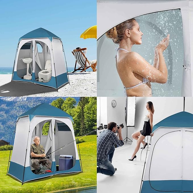 Pop Up Privacy Shower Tent, Portable Double Outdoor Camping Shower Shelter, Changing Room Instant Tent with 2 Rooms