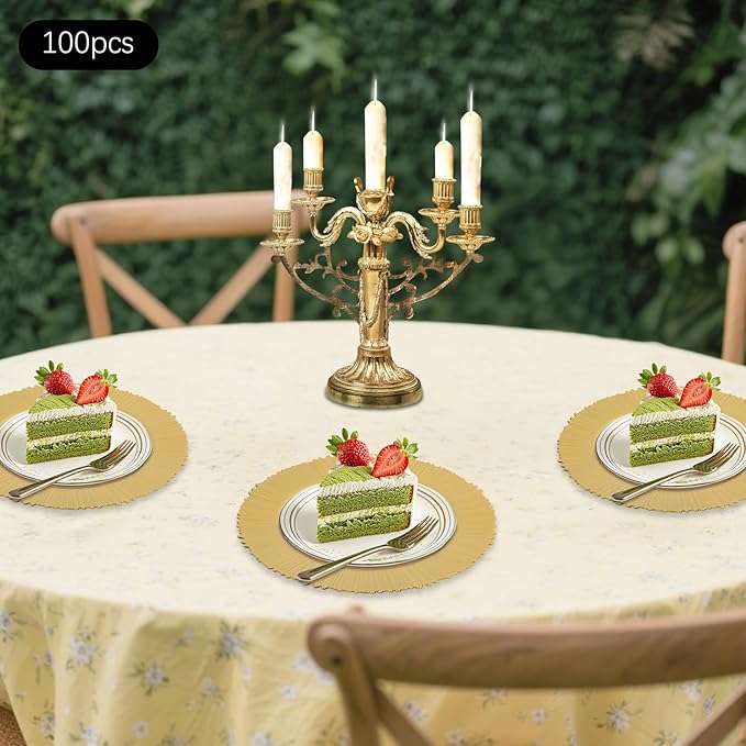CNCEST 100 Pcs Antique Charger Plates Bulk 13 Inch Plastic Embossed Plate Chargers Round Floral Plates for Wedding Decorative Chargers for Table Dinner Kitchen Party Decoration(Gold,100PCS)