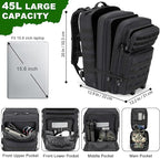 Tactical Backpack 45L Army Military Rucksack, Water Resistant MOLLE EDC Pack, Large 3 Day Bug Out Bag for Men & Women, Durable Outdoor Gear for Hiking, Camping, Hunting, Fishing,Travel (Black)