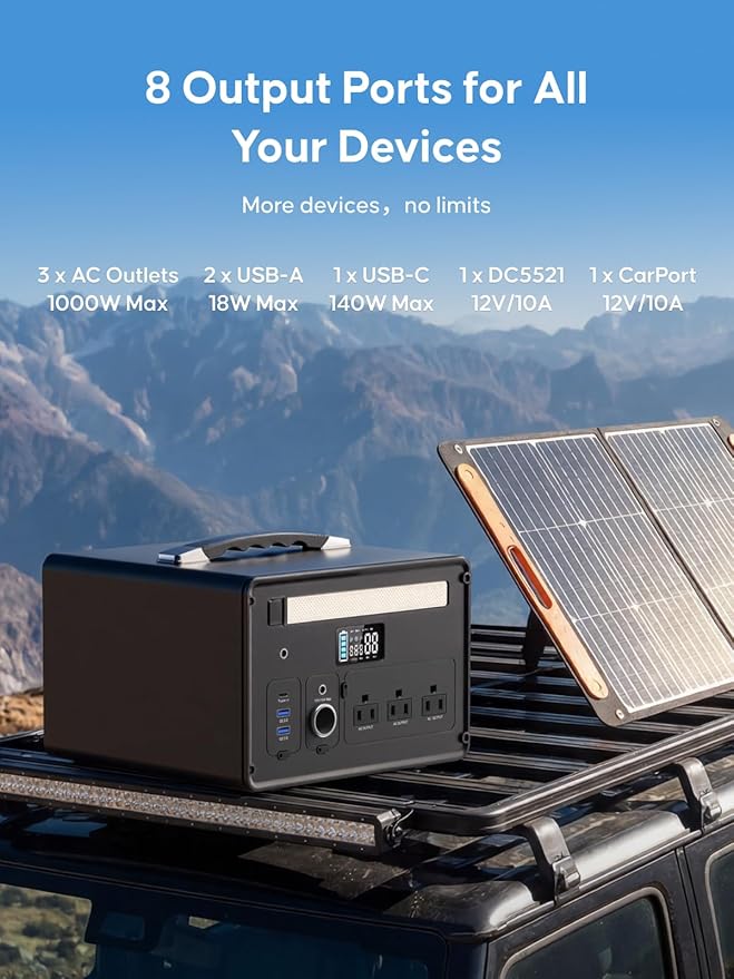 Portable Power Station 1000W (2000W Surge), 1008Wh LiFePO4 Power Station with 3 AC Outlet, 140W USB-C Fast Charging,8 Ports Solar Generator for Camping Indoor Outdoor Emergency RV Trip (CYBPULTE C011)