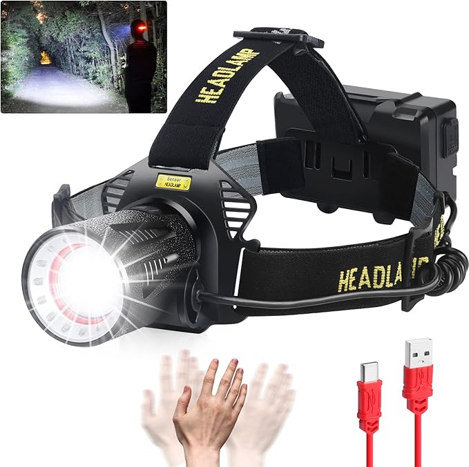 Aikertec Headlamp Rechargeable, Super Bright Headlamp for Adults, 7 Modes, Zoomable, IP68 Waterproof Head Flashlight for Camping Hunting Fishing (Batteries Included)
