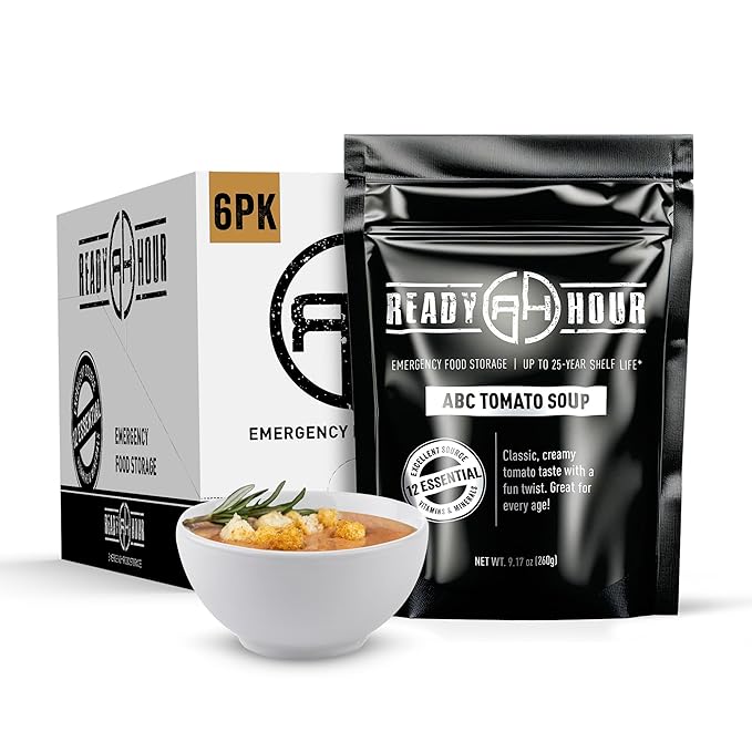 Ready Hour ABC Tomato Soup Case Pack – Freeze-Dried Emergency Food, Long 25 year Shelf Life Survival Soup, Quick Prep Camping Ready to Eat Meal and Self-Stable, – 24 Servings (6 Pouches)