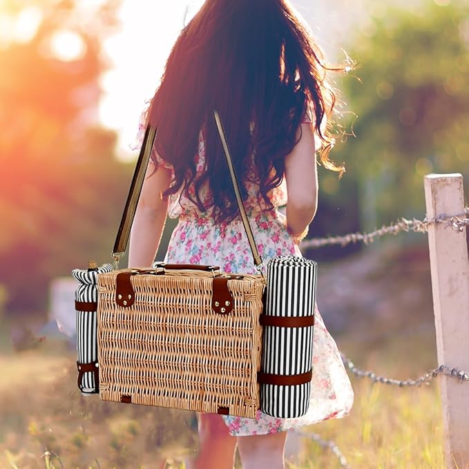 Picnic Basket with Blanket and Wine Pouch for 4, Wicker Picnic Set with Insulated Liner Cooler Bag Hamper for Camping,Wedding - Stripes