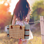 Picnic Basket with Blanket and Wine Pouch for 4, Wicker Picnic Set with Insulated Liner Cooler Bag Hamper for Camping,Wedding - Stripes