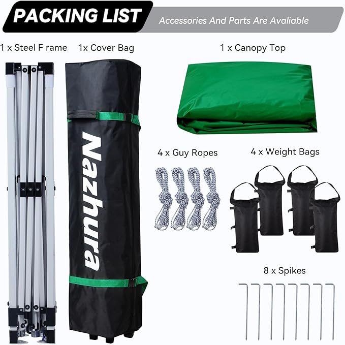 Nazhura 10' x 10' Pop Up Canopy Tent with Sand Weight Bag, Awing for Patio, Freestanding Sun Shelter for Picnic and Camping, One Person Setup, White (Green)