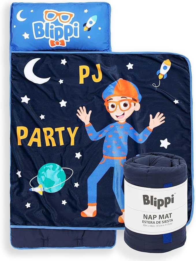 Jay Franco Kids Nap Mat with Embedded Pillow & Blanket – Soft 46"x20" Microfiber Sleeping Bag with Name Tag & Handle for School, Travel, Sleepover