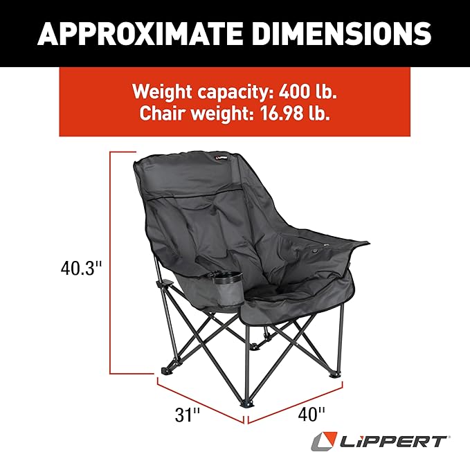 Lippert Big Bear Dark Grey Heated Folding Camping Chair with Power Bank, Two Heat Zones, 400-lb. Weight Capacity, 600D Polyester Fabric, High-Loft Cushioning, Zippered Carrying Bag - 2024043334