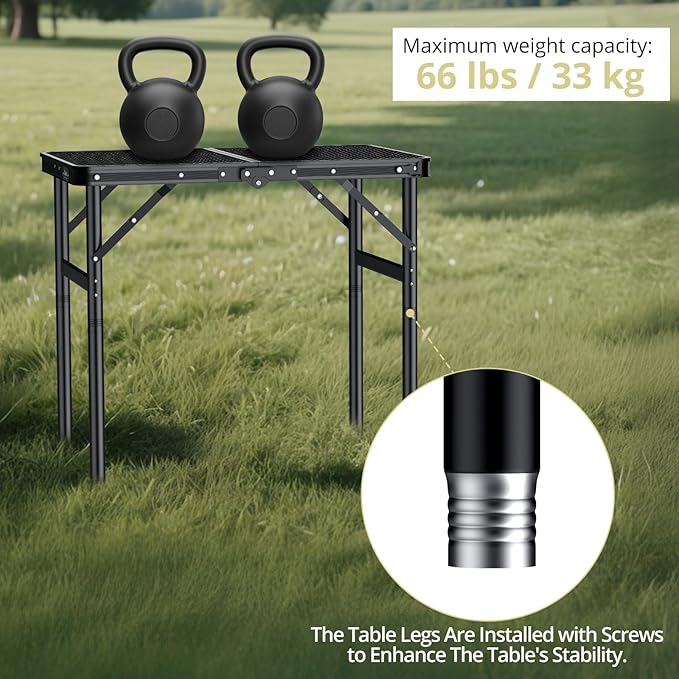 Anbte 2ft Folding Grill Table Max 29.5", 3 Adjustable Height Lightweight Camping Table with Heat-Resistant Mesh Tabletop Portable Handle, Waterproof, for Cooking BBQ Outdoor, 22.8" X 16", Black