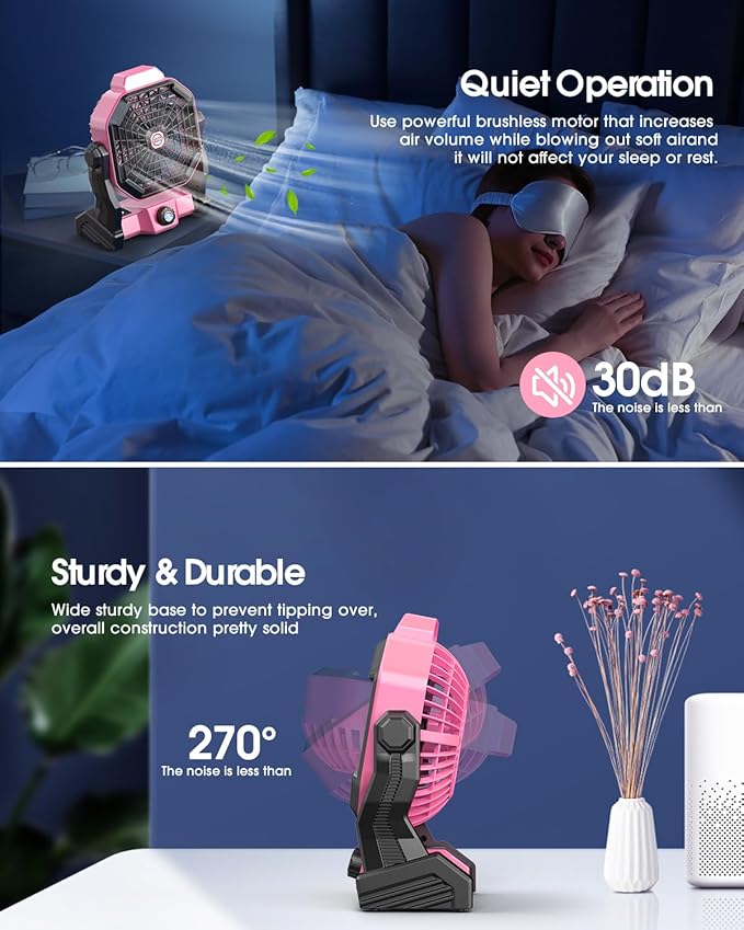 30000mAh Solar Fan, Camping Fan with Solar Panel, 10W 9-Inch Rechargeable Battery Operated Fans for Outside, LED Lantern, Stepless Speed and Quiet Battery Powered Solar Tent Fans for Outdoor, Barbecue