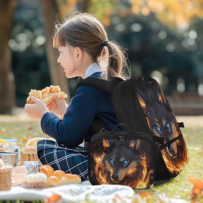 Flame Wolf Backpack with Lunch Box Leakproof 17 Inch Polyester Book Bag for Teens Cool School Bag with Detachable Lunch Bag for Outdoor Camping