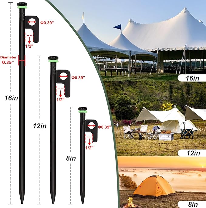 8Pcs Tent Stakes, 8in Heavy Duty Forged Steel Tent Stakes with Storage Pouch, Metal Stakes for Tent Used on Rocks, Snowfield, Dessert(8Pcs 8in Stakes)