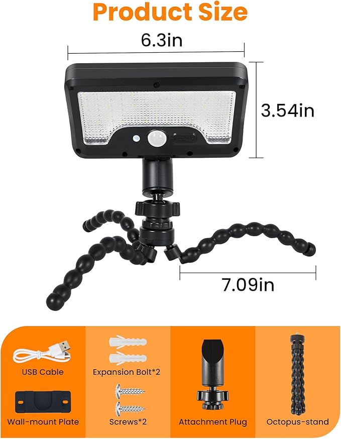 LUHLEE Solar Motion Lights Outdoor, 600LM RV Outdoor Lights with Flexible Tripod,USB & Solar Dual Charging, Motion Sensor RV Exterior Llight for Camper, Motorhome, Trailer, Camping Tent (1 Pack)