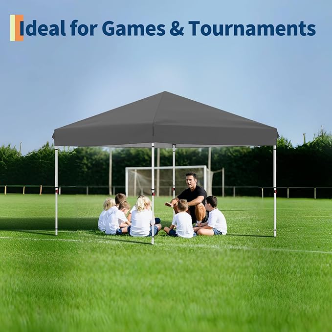 GarveeLife 10x10 Pop Up Canopy with One Button Push Setup - Heavy Duty Outdoor Canopy Tent with Portable Roller Bag - 3 Adjustable Height, 4 Weight Bags, 8 Stakes & 4 Guy Ropes Included, Grey