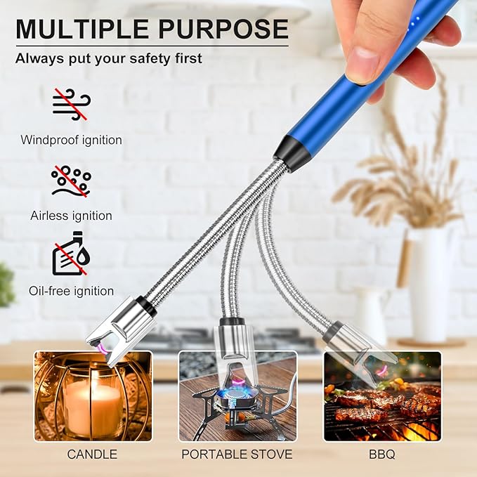 LcFun 3 Pack Electric Candle Lighter Windproof USB Rechargeable Plasma Lighter with LED Battery Display, Flameless Long Arc Lighters for Candle Grill BBQ Camping Stove (Black,Blue,Red)