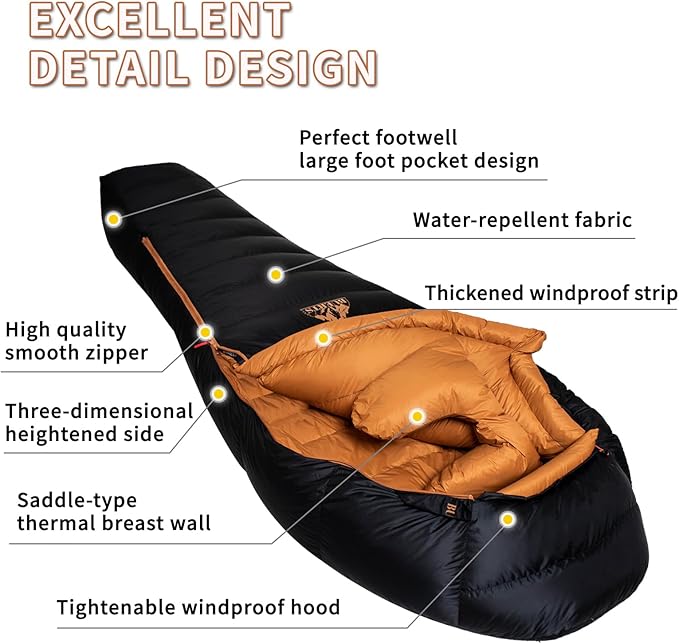 Down Backpacking Sleeping Bag 680FP. Cold Weather Sleeping Bag 0°F-32°F (Multiple Temperature Options), XL Large 4 Season Sleeping Bag for Adults Camping Hiking Mountaineering.