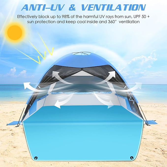 Large 3-4 Person Beach Tent - UPF 50+ Anti-UV, Easy Setup with Extended Floor & Mesh Windows, Portable for Camping Fishing (Blue)