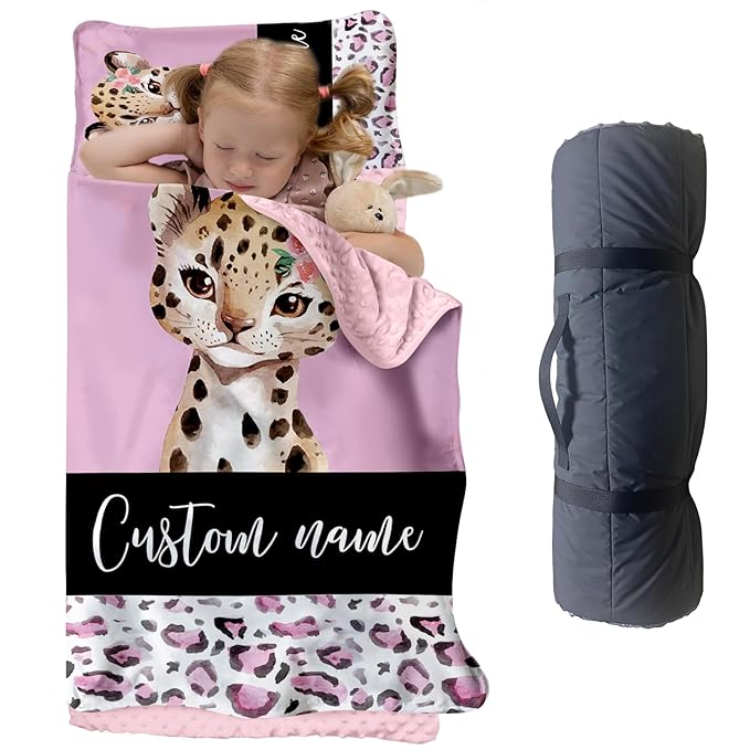 Custom Toddler Nap Mat for Preschool, Personalized Name Pink Kids Sleeping Bag with Leopard for Daycare, Roll Up Sleeping Mat with Removable Pillow and Soft Dot Minky Blanke for Girls Camping
