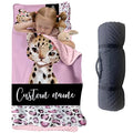 Custom Toddler Nap Mat for Preschool, Personalized Name Pink Kids Sleeping Bag with Leopard for Daycare, Roll Up Sleeping Mat with Removable Pillow and Soft Dot Minky Blanke for Girls Camping