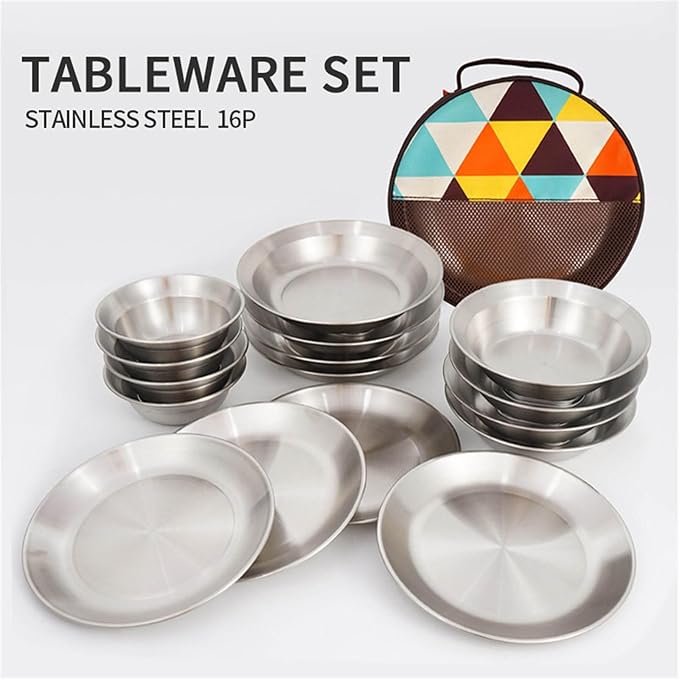 Set of 16 Stainless Steel Camping Plates Outdoor Dinnerware Barbecue Tableware Travel Friendly Meal Plate Cookwares Rusts Dinner Plates