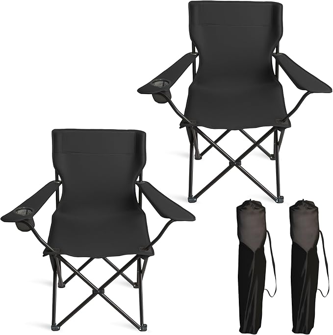 Portable Camping Chair 2 Pack, Folding Outdoor Chair with Cup Holder & Side Pocket for Camping (Black, 2 Pack)