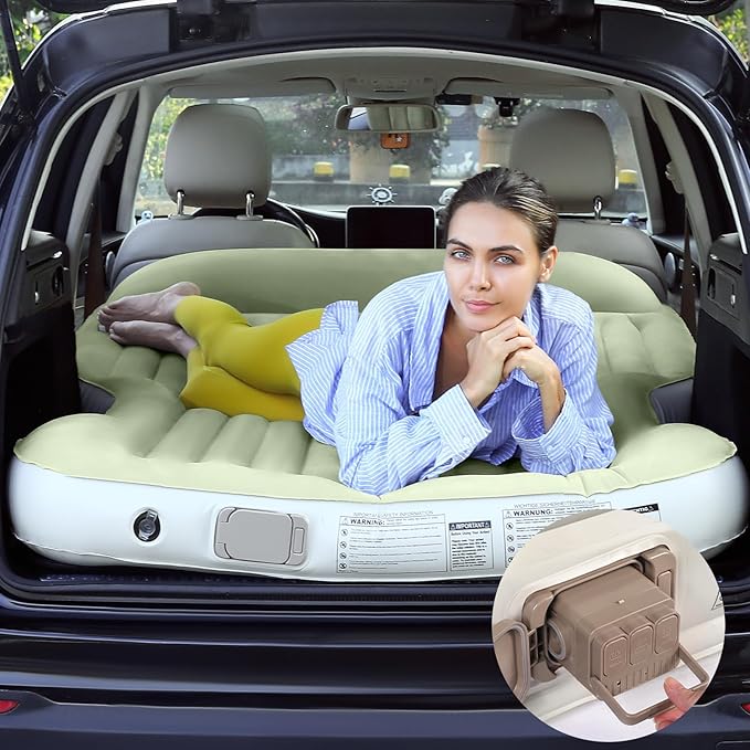 KMZ Inflatable SUV Air Mattress Thickened Flocking with Built-in Pump Self-Inflating Portable Sleeping Travel Bed Pad for SUV Truck Fast Inflation and Deflation
