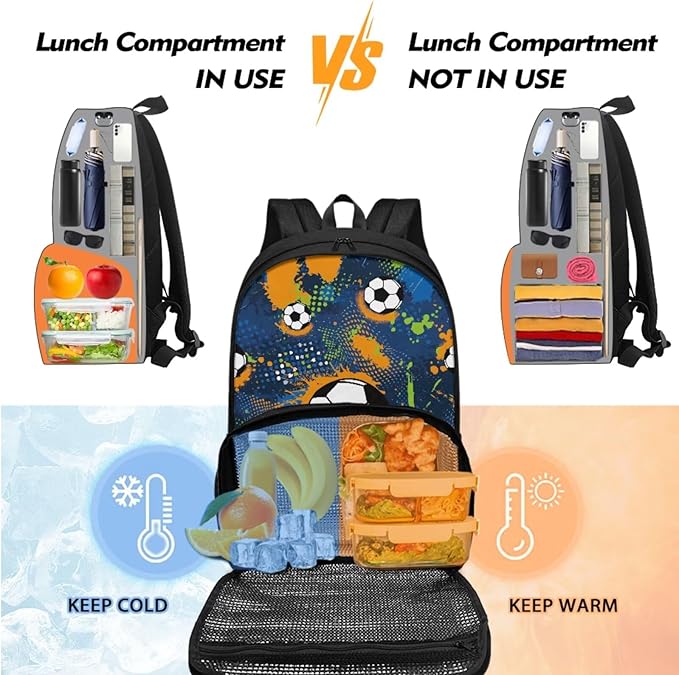 Lunch Bag Soccer Backpack for Boys with Insulated Cooler Lunch Box Backpack with Pen Pouch 2 Pcs Travel Laptop Backpack Computer College Bag for Kids Schoolbag